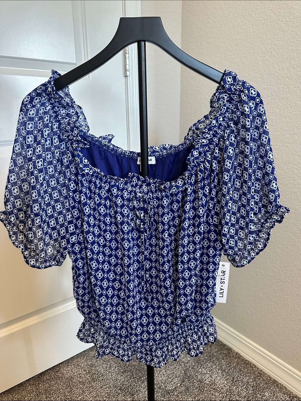 Lily Star Navy Blue Printed Ruffled Peasant Blouse